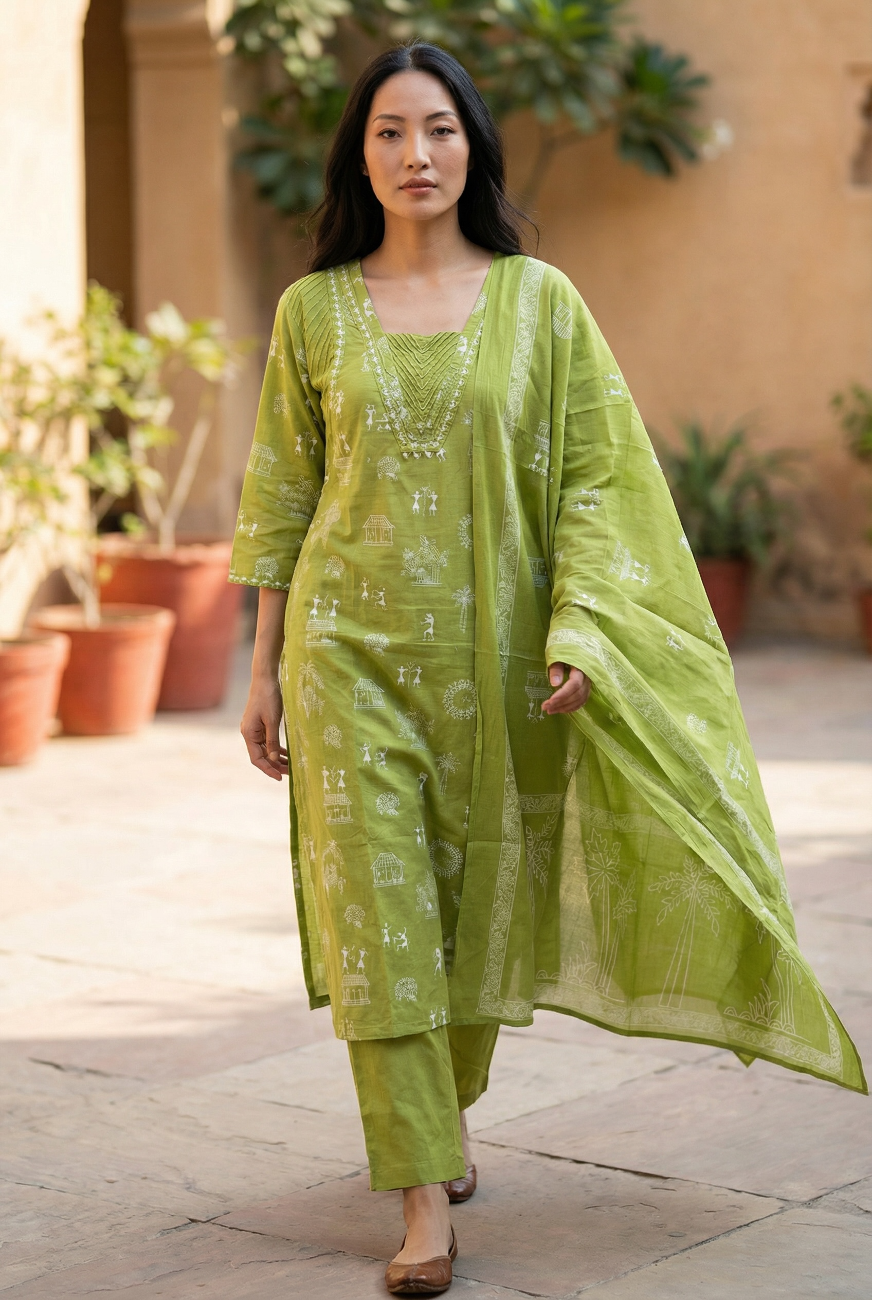 PURE COTTON KURTI SET IN WARLI  ART  PRINTING